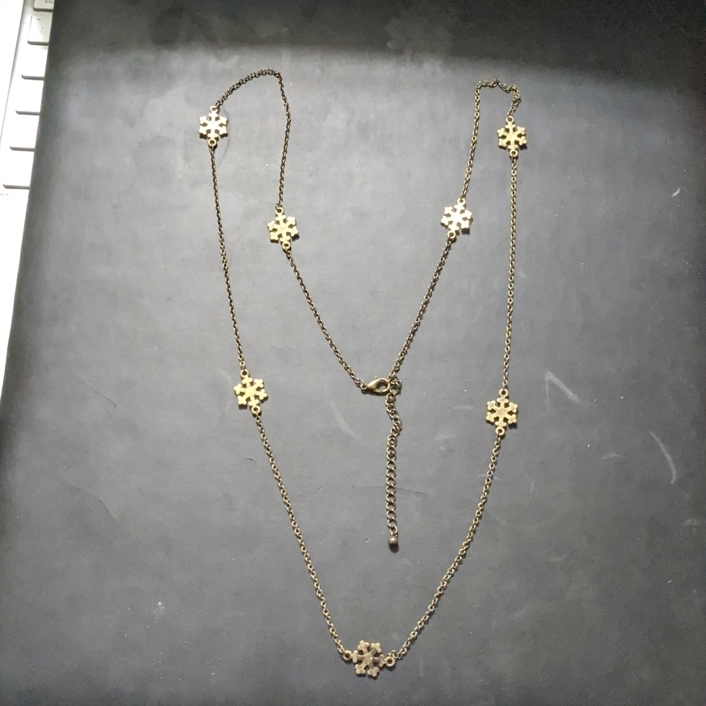 Brass Tone Snowflake Winter Long Delicate Dainty Statement Necklace